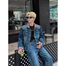 格子不规则拼接高级设计感牛仔套装牛仔裤NZ64特P62JK657特P78，男装牛仔裤，星座908-1