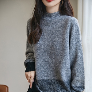 半高领花纱拼色100%纯羊绒衫女保暖宽松慵懒软糯毛衣针织打底上衣图片
