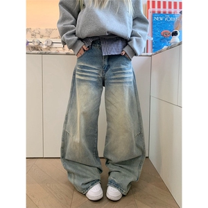 美式水洗做旧设计感刺绣弯刀牛仔裤宽松直筒阔腿拖地长裤子NB225图片