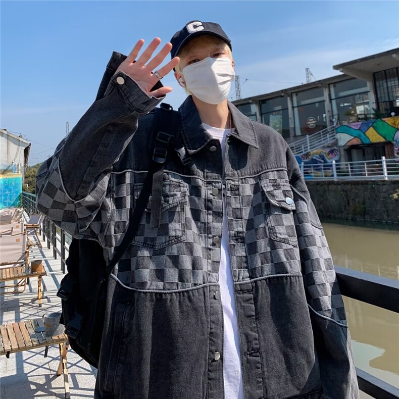 2025春新款青春格子拼接牛仔夹克JK801P68,男装夹克,星座1108