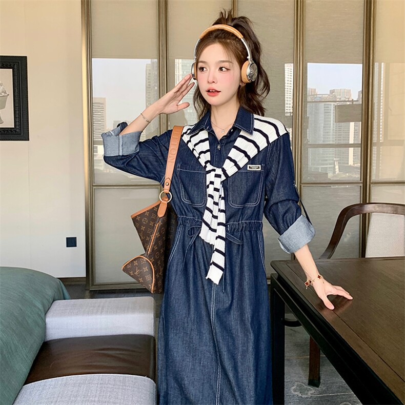 俏皮小个子牛仔连衣裙女2025春新款韩版收腰显瘦少女感减龄衬衫裙,女装连衣裙,2C037