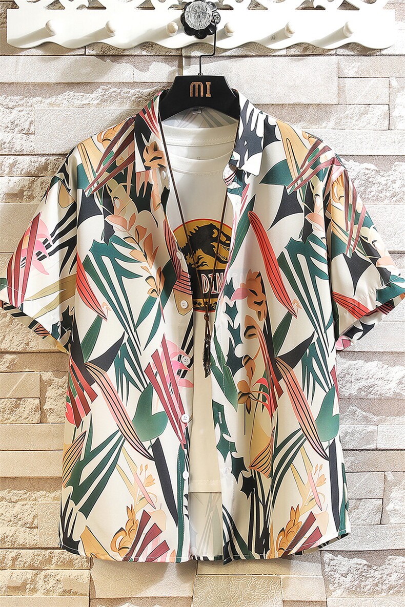 精品大码花男短袖夏季痞宽松上衣服外套翻领衬衫A012/C870C875P35,男装休闲套装,电商A012