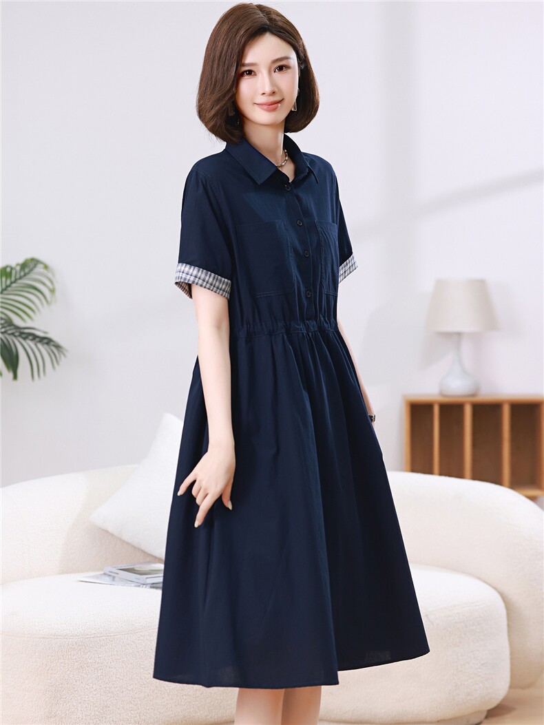 2026年夏季圆领纯色宽松腰时尚短袖简约百搭个性中长款,女装连衣裙,江忆布依