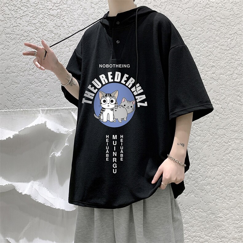 LD54160-P45连帽短袖t恤男大码胖子带帽五分袖中袖大皂风,男装T恤,电商A040