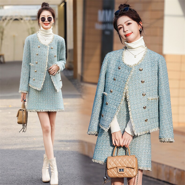 2023年秋冬季小香风法式套装女小众设计感时尚潮流流苏两件套裙，女装套装/套裙，韩蜜菓