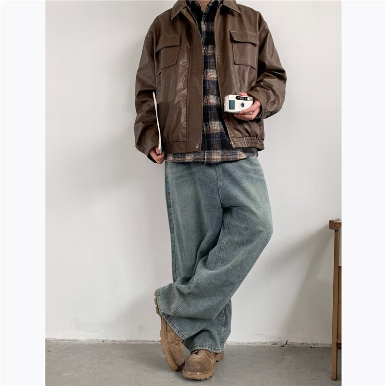 美式高街vibe复古水洗做旧牛仔裤男潮直筒微喇显瘦cleanfit长裤子,男装牛仔裤,星座601-2