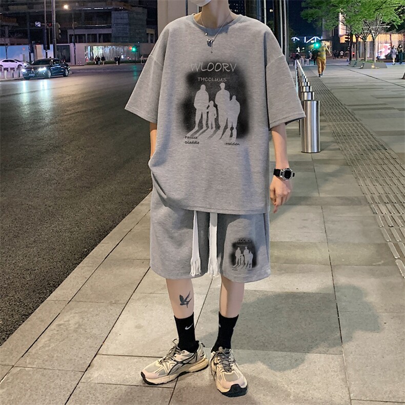 套装！夏季华夫格套装男T恤短裤男两件套大码港风TZ50-P50,男装休闲套装,电商B367