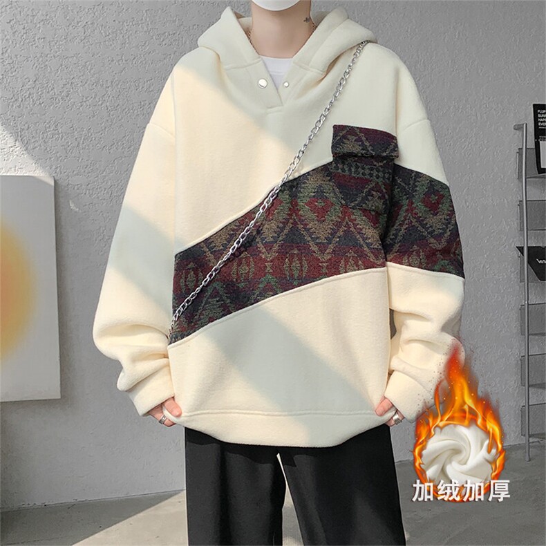 摇粒绒撞色拼接保暖连帽小众卫衣图片
