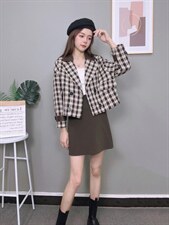 2021秋季新款格子拼皮短外套，女装短外套，中广青青