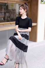 黑色拼色设计感小众连衣裙女夏季新款法韩版宽松休闲遮肉显瘦裙子，女装连衣裙，蓝诺裳