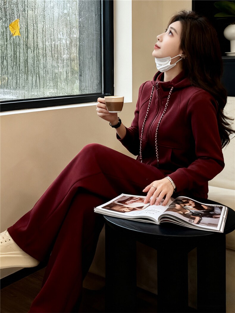 女春季新款时尚慵懒风套装红色拉链开衫连帽长袖外套阔腿裤两件套,女装套装/套裙,江南
