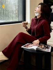 女春季新款时尚慵懒风套装红色拉链开衫连帽长袖外套阔腿裤两件套，女装套装/套裙，江南