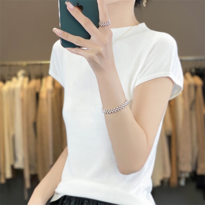 春夏新款圆领精纺羊毛针织短袖t恤女内搭夏季包袖无袖上衣修身潮图片