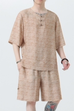 2025春季新款男装风冰丝印花盘扣唐装套装短袖+短裤A105-P80，男装休闲套装，电商B277(原6028)