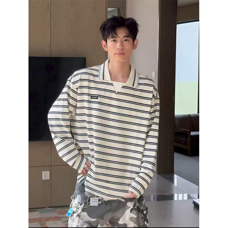 现货网图！陈伟霆同款条纹POLO衫V领长袖-EX51041-特批55,男装T恤,电商A061