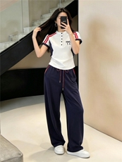 轻奢洋气时尚套装女夏新款条纹拼接半开领短袖上衣阔腿长裤两件套，女装套装/套裙，江南