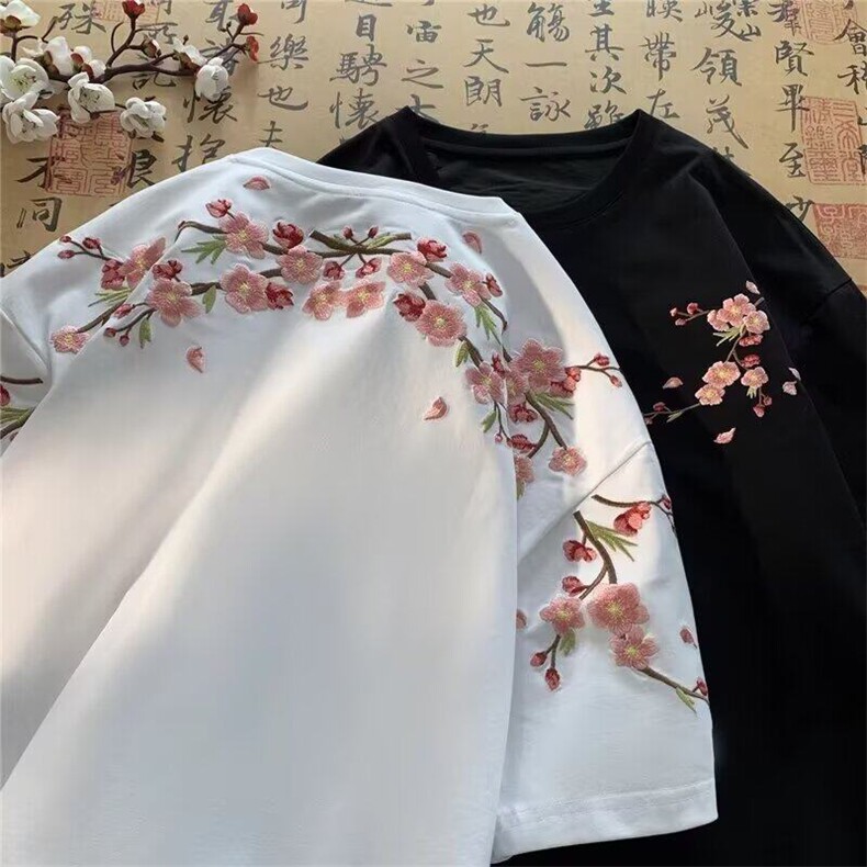 网络图 夏季风梅花刺绣圆领短袖T恤情侣半袖上衣图片