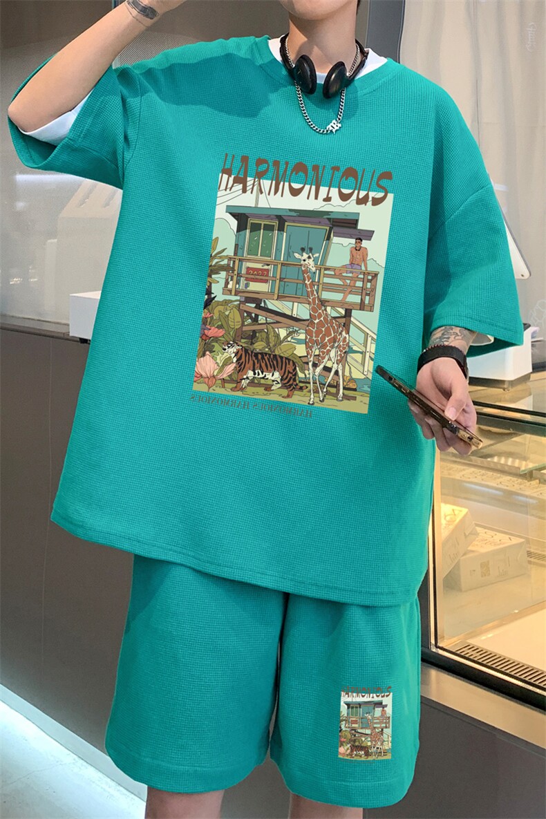 ！2025夏季新款男士华夫格短袖T恤套装百搭学生一套HTZ97P50,男装T恤,电商B220