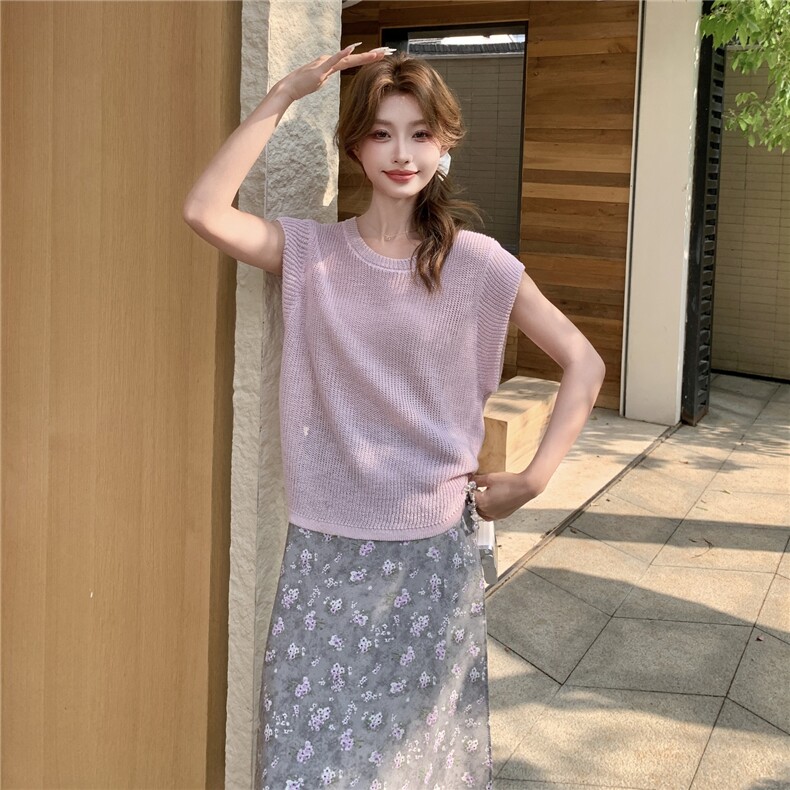 温柔风修身针织上衣两件套女夏季2025浪漫高腰A字碎花半身裙套装,女装套装/套裙,维壹