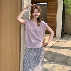 温柔风修身针织上衣两件套女夏季2025浪漫高腰A字碎花半身裙套装，女装套装/套裙，维壹