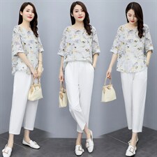 2023夏装新款洋气休闲时尚大码上衣裤两件套宽松阔腿裤棉麻套装女，女装套装/套裙，凝聚力