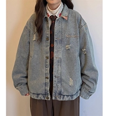 25新款春秋美式做旧格子撞色水洗牛仔外套男女百搭设潮牌宽松夹，女装短外套，星座505-2（原电商A260-1)