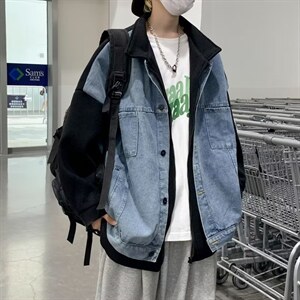 假两件牛仔外套男春秋潮牌设计感拼接港风J2100P80图片
