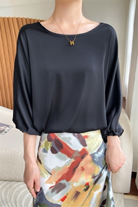 优雅气质真丝上衣女宽松显瘦七分袖圆领套头简约时尚百搭衬衫图片