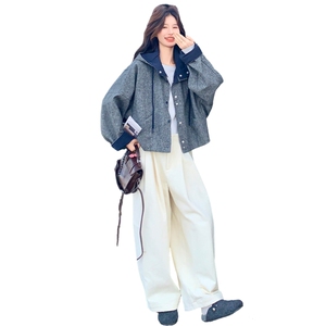 灰色短款连帽毛呢外套女秋冬2025新款韩系气质休闲小个子加厚夹克图片