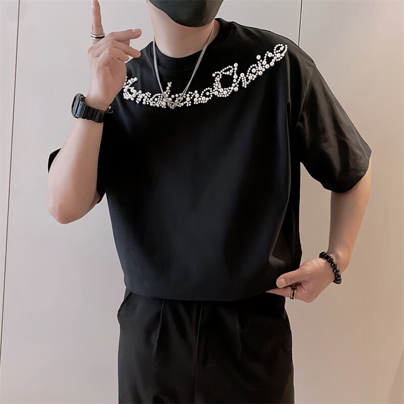 8959/P58控88夏季潮小众烫砖工艺珍珠字母短袖T恤男黑首1,男装T恤,星座305B