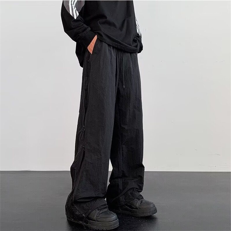 V074-P42侧拉链设计港风拼接网眼透气休闲裤夏季宽松直筒长裤,男装休闲裤,星座911-1