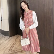 2021春装新款时尚个性假两件格子连衣裙，女装连衣裙，深水步