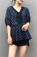 简约时尚潮流蕾丝衫/雪纺衫短袖2021年夏季宽松优雅，女装蕾丝衫/雪纺衫，深水步