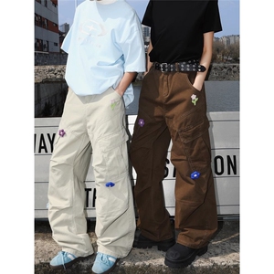 小众设计感花卉刺绣工装裤男女直筒宽松oversize裤坠感美式伞兵裤图片