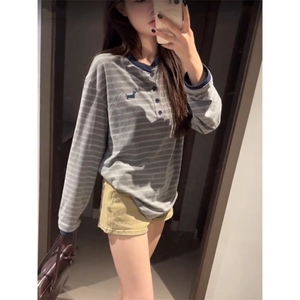 新款亨利领条纹长袖秋季潮流美式复古宽松男女t恤上衣L31588-p45图片