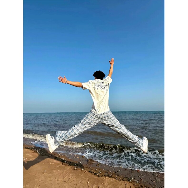 美式北卡蓝格子休闲长裤男女慵懒四季日常百搭宽松直筒阔长裤潮流,男装牛仔裤,四季星座505