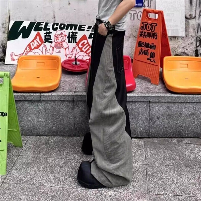 美式设计款拼接拼色弯刀阔腿直筒休闲裤男宽松西裤长裤QL6066-P58,男装休闲裤,星座1008