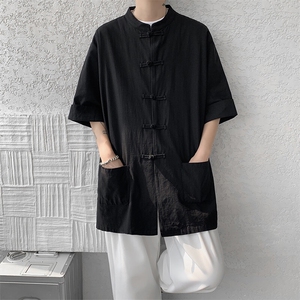8XL-M 新中式衬衫男中山装麻棉风复古中袖衬衣唐装CS527P60图片