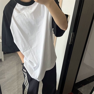 抖音得物高品质二开240克宽松纯棉美式潮牌插肩袖拼接短袖T恤图片