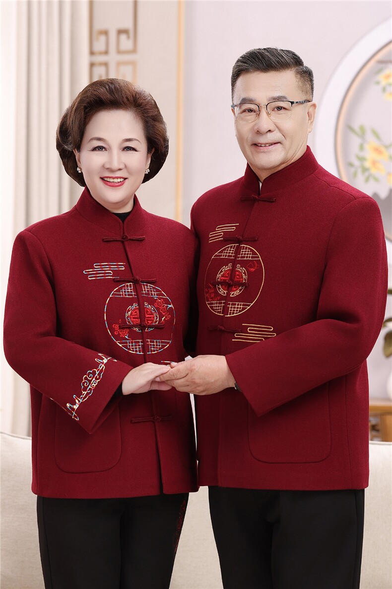 2025情侣加绒羊毛呢中老年唐装外套爸爸妈妈喜庆生日婚宴唐装外套,男装民族服装,钱塘723