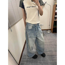 有货美式浅蓝色牛仔裤女秋冬新款宽松bf慵懒风阔腿裤GL8888-P55，男装牛仔裤，星座1008
