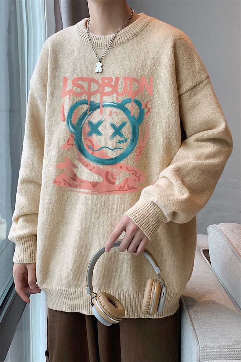 2026秋冬新款港风宽松圆领男女针织笑脸印花毛衣M6808P55控68,男装针织衫/毛衣,电商A268A