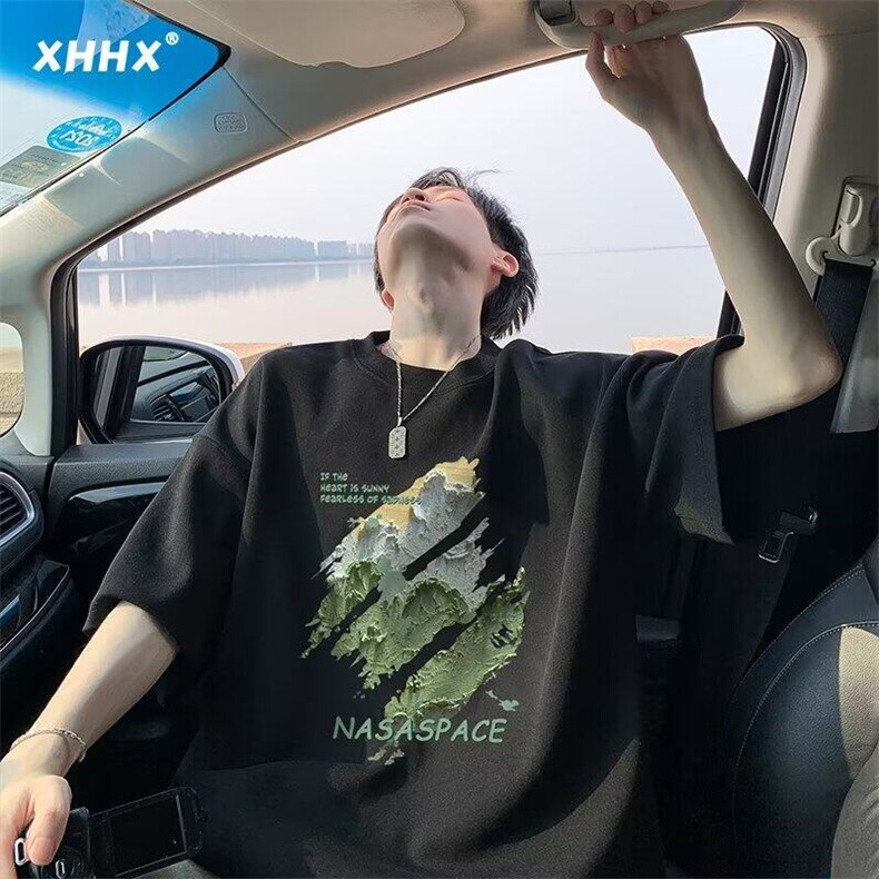 wassuphappy美式短袖t恤男士夏季2025新款潮流大码休闲五分半袖,男装T恤,电商B245