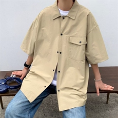 港风短袖衬衫男夏季潮牌痞帅气白色五分半袖上衣工装衬衣，男装衬衫，星座716-4