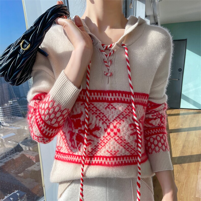 时尚新款连帽抽绳羊毛衫女宽松显瘦长袖毛衣冬季保暖针织衫,女装羊毛衫,宇灿羊绒