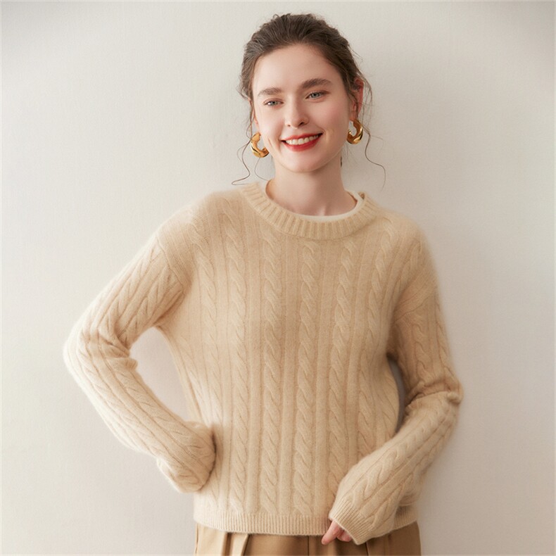 秋冬新款纯色圆领针织上衣时尚简约，女装羊绒衫，绒盛美羊绒