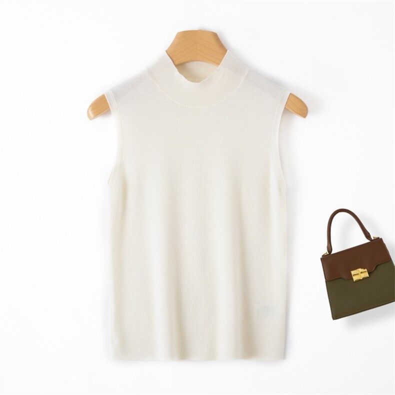法式纯色夏季修身针织半高领无袖，女装T恤，润匹羊绒