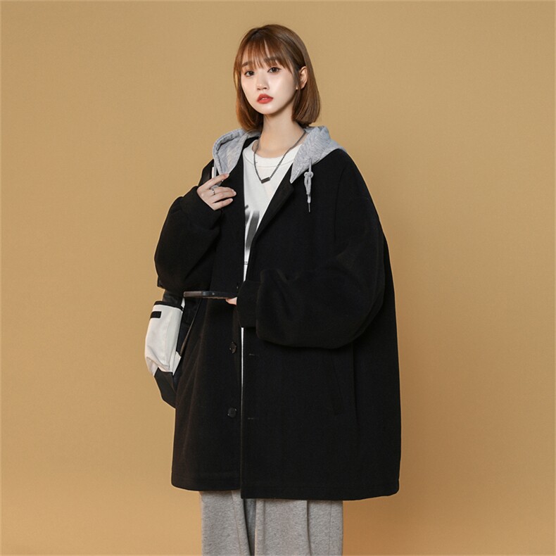 N6108/P95秋冬中性风连帽假两件中长款毛呢大衣男女风衣呢料上衣,男装风衣,电商A141