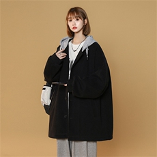 N6108/P95秋冬中性风连帽假两件中长款毛呢大衣男女风衣呢料上衣，男装风衣，电商A141