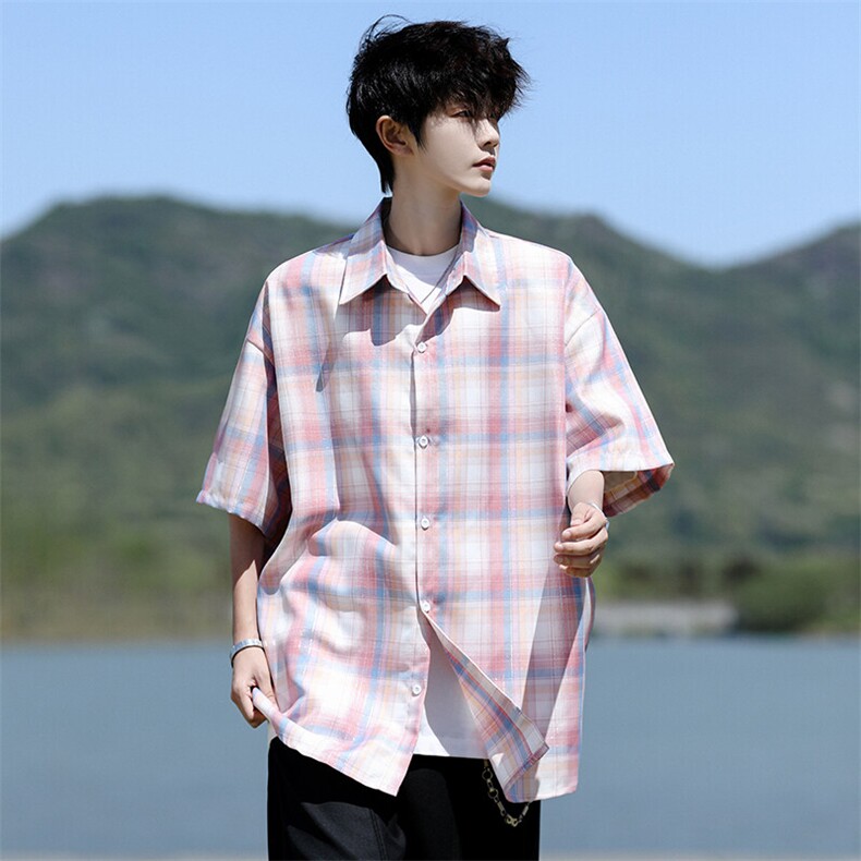 8XL-M格子短袖衬衫男夏季薄款DK制服衬衣JK学院风半袖外套DC28004,男装衬衫,电商B312